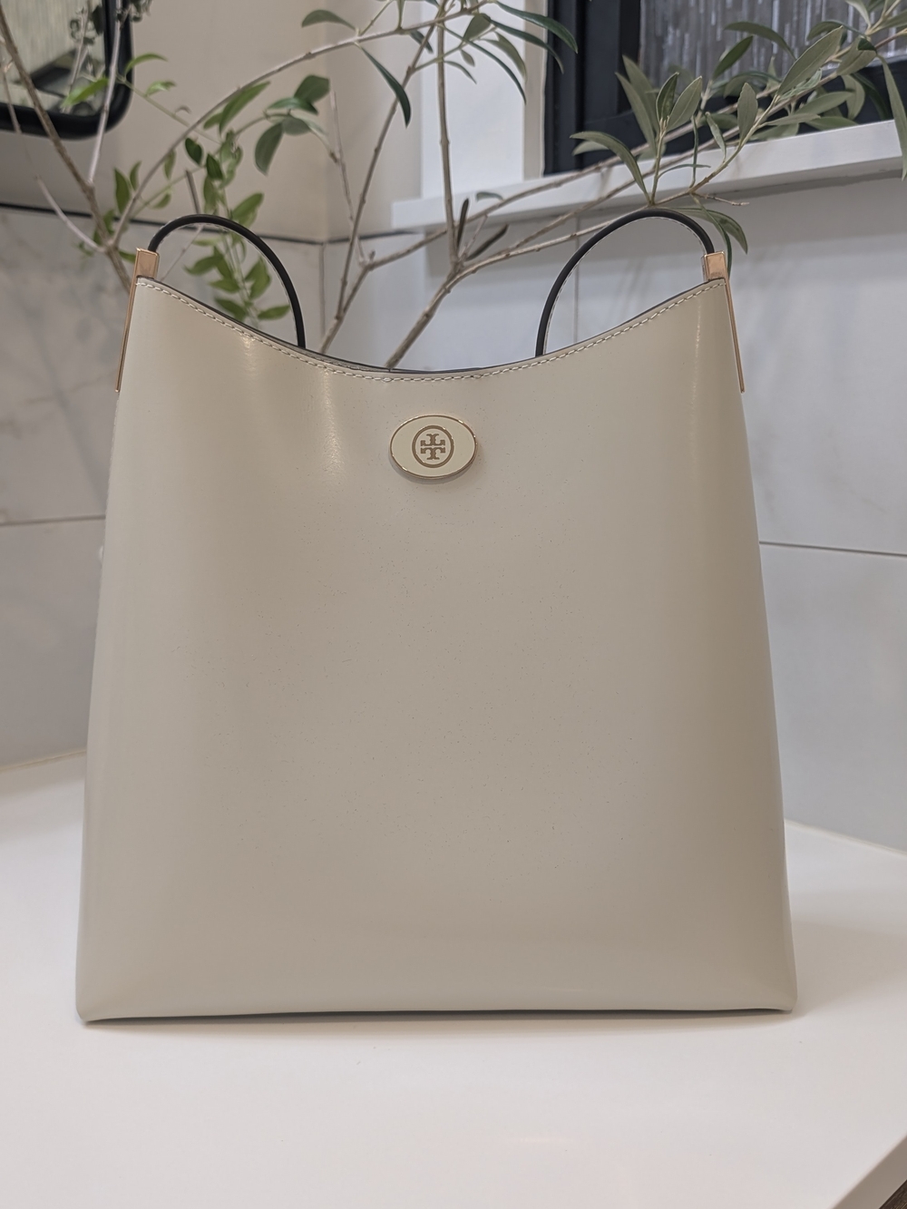 Tory Burch Cream Leather Tote with Top Handles robinson spazzolato hobo